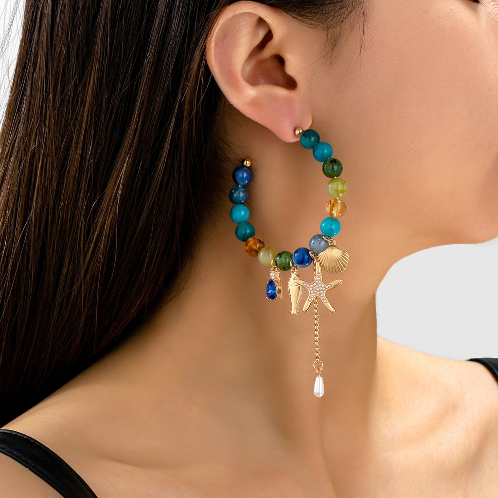 Ocean-Inspired Beaded Charm Hoop Earrings | 80E62144