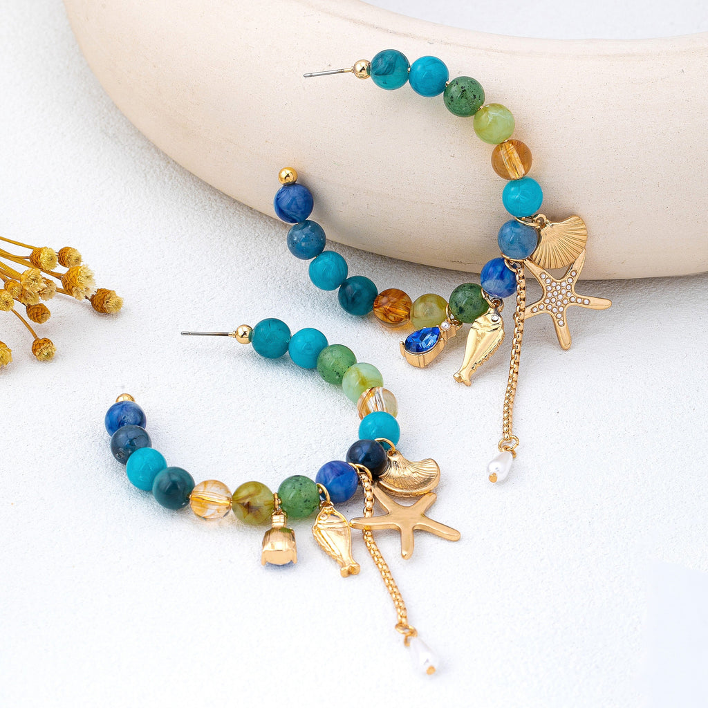 Ocean-Inspired Beaded Charm Hoop Earrings | 80E62144
