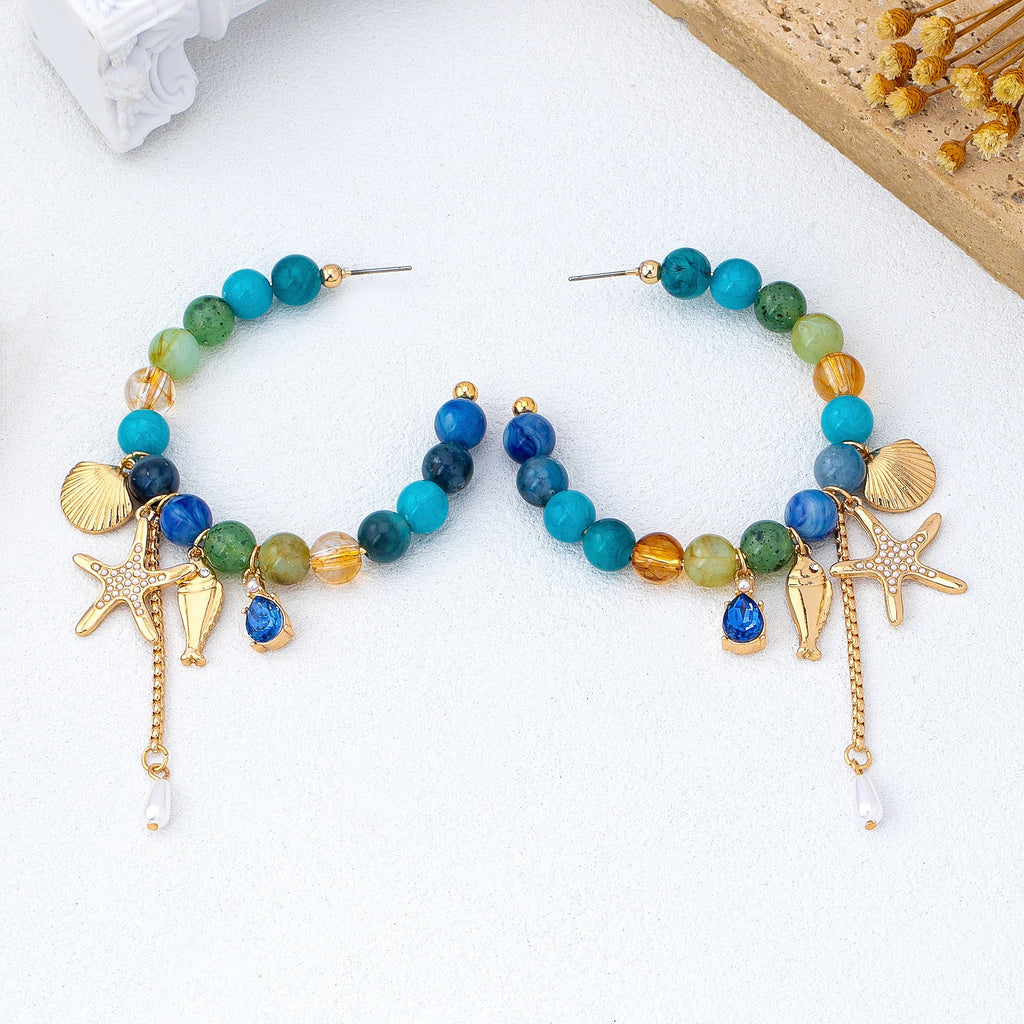 Ocean-Inspired Beaded Charm Hoop Earrings | 80E62144