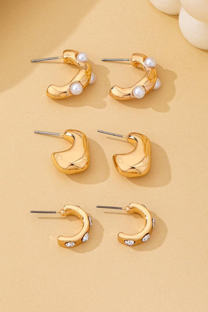 Rhinestone Pearl Curated Hoop Earring Set | 80E62140