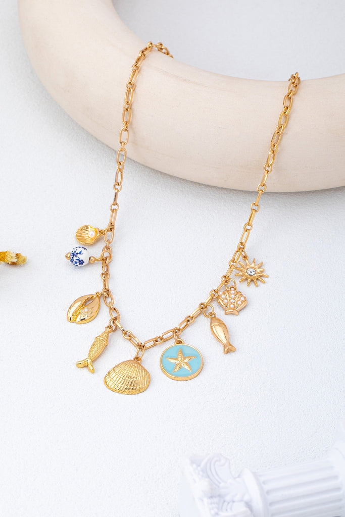 Charm Necklace-Coastal seashells fish cloisonne | 80N92963