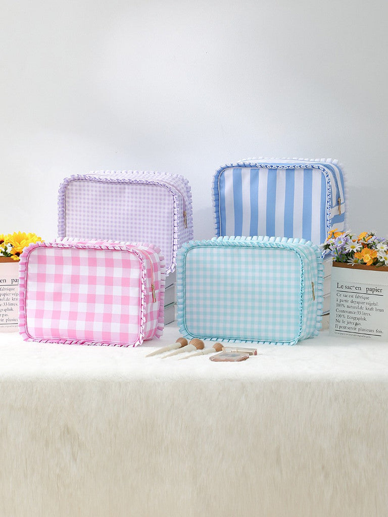 RUFFLE CHECKER STRIPE COSMETIC TRAVEL POUCH BAG | 40P608