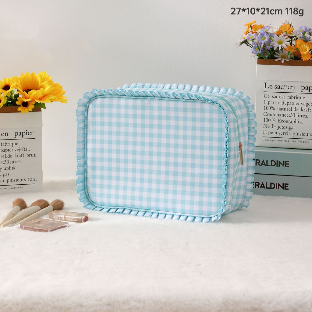 RUFFLE CHECKER STRIPE COSMETIC TRAVEL POUCH BAG | 40P608