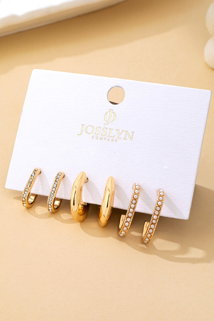 Rhinestone Pearl Huggie Hoop Trio Earrings | 80E62207