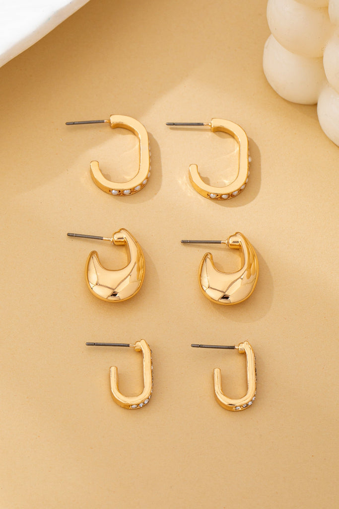 Rhinestone Pearl Huggie Hoop Trio Earrings | 80E62207
