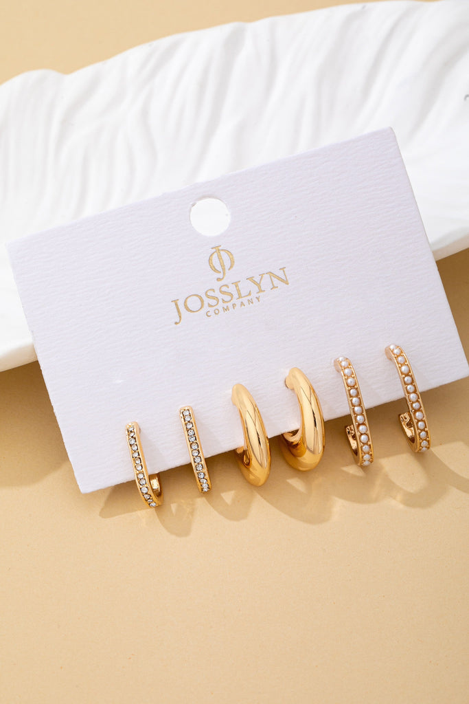 Rhinestone Pearl Huggie Hoop Trio Earrings | 80E62207