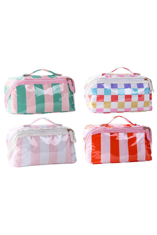 CHECKER STRIPED  OPEN FLAT COSMETIC MAKEUP POUCH | 40P610