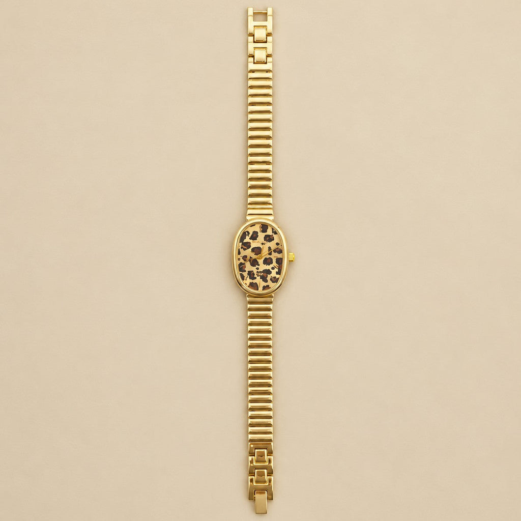 Leopard Print Oval Gold-Tone Wrist Watch | 40WTH103