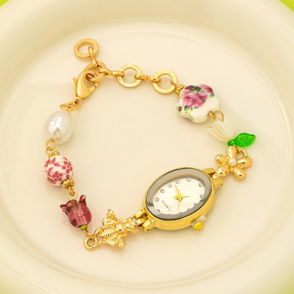 OVAL DIAL PORCELAIN CHARM BRACELET WATCH | 80W014