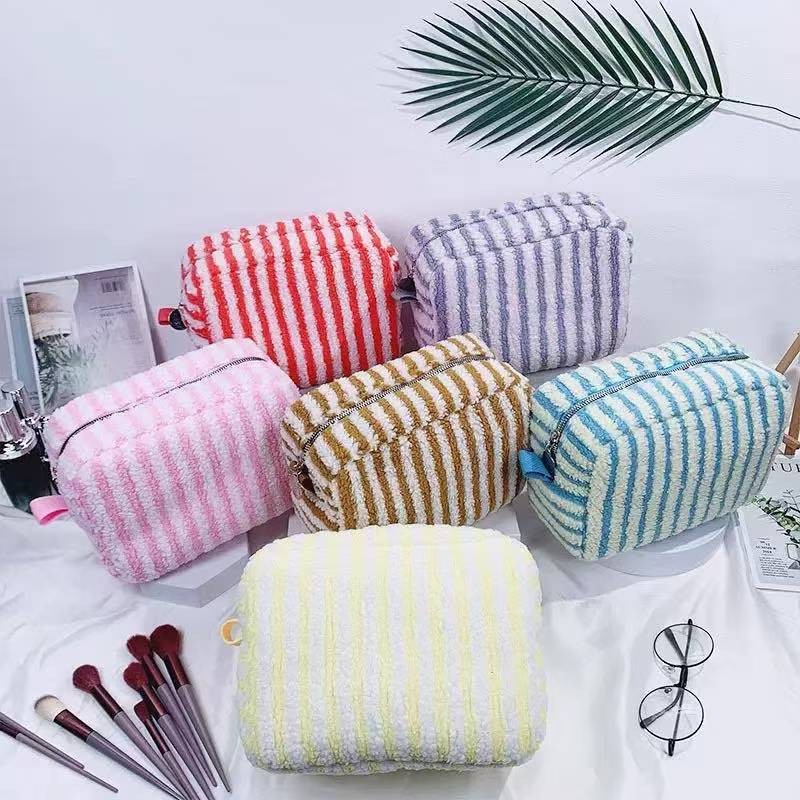 Plush Striped Sherpa Makeup Bag - Cozy Travel Pouch | 40P621