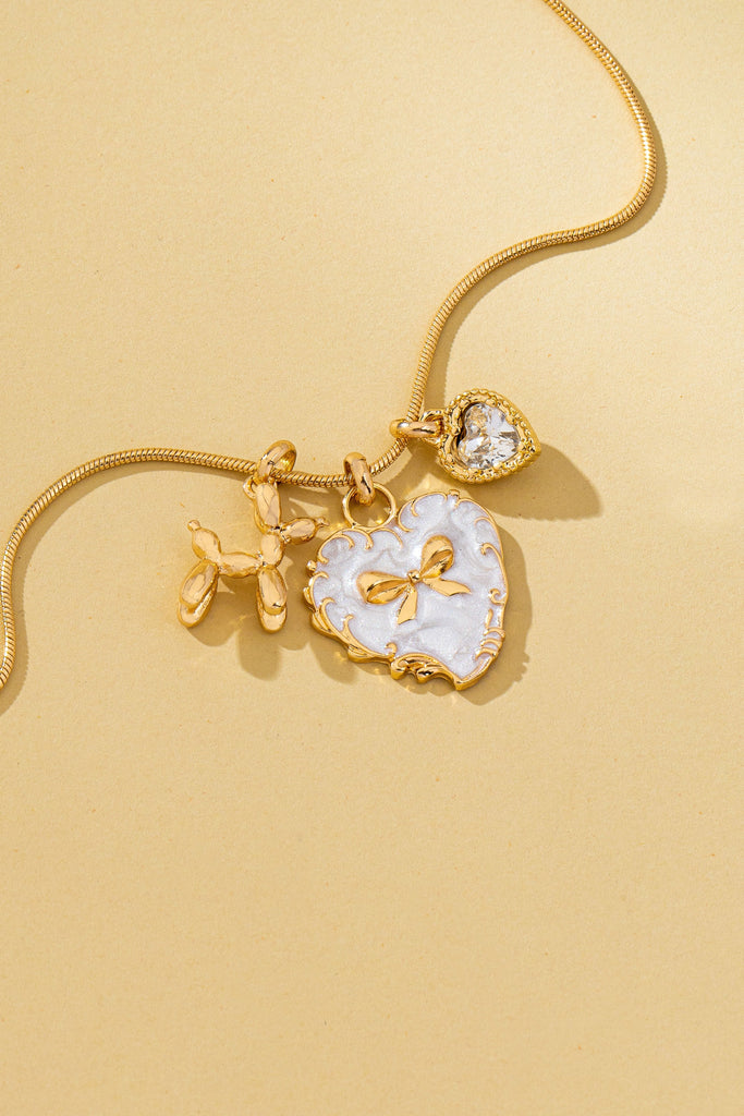Bow Heart & Balloon Dog Crystal Charm Necklace | 80N93126