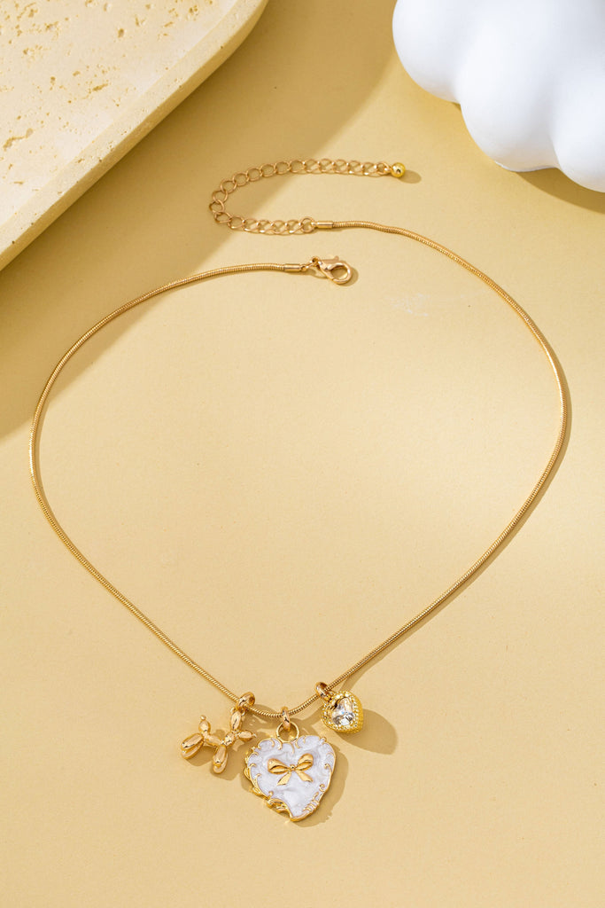 Bow Heart & Balloon Dog Crystal Charm Necklace | 80N93126
