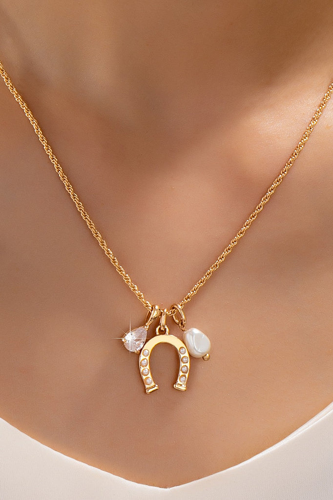 Pave Horseshoe & Pearl Drop Charm Necklace | 80N93155