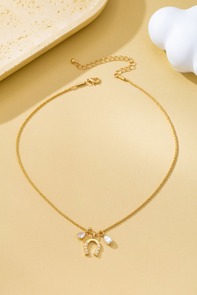 Pave Horseshoe & Pearl Drop Charm Necklace | 80N93155