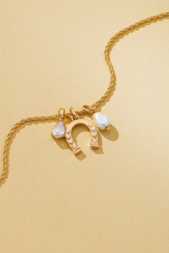 Pave Horseshoe & Pearl Drop Charm Necklace | 80N93155