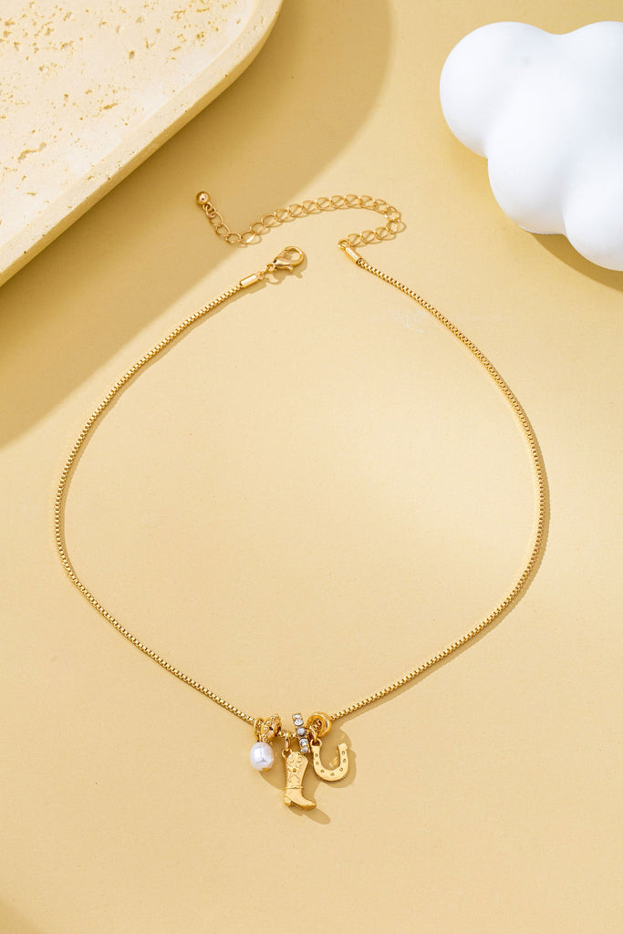 Western Boot Horseshoe Pearl Charm Necklace | 80N93161