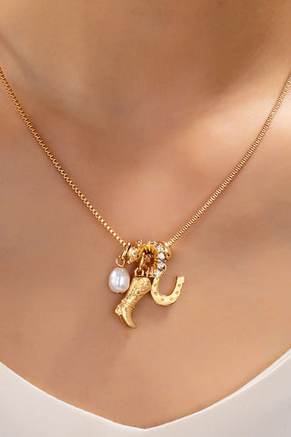 Western Boot Horseshoe Pearl Charm Necklace | 80N93161