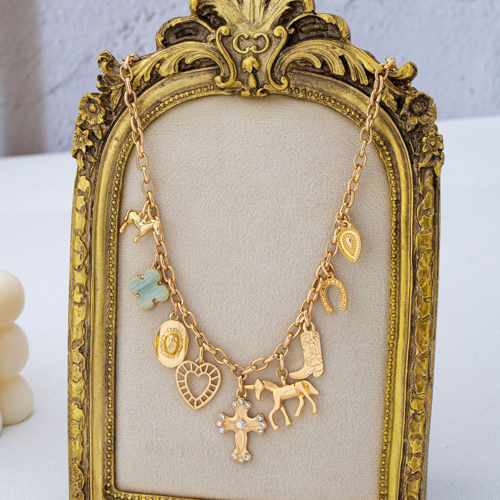 Western Multi-Charm Cross Heart Horse Link Necklace|80N93122