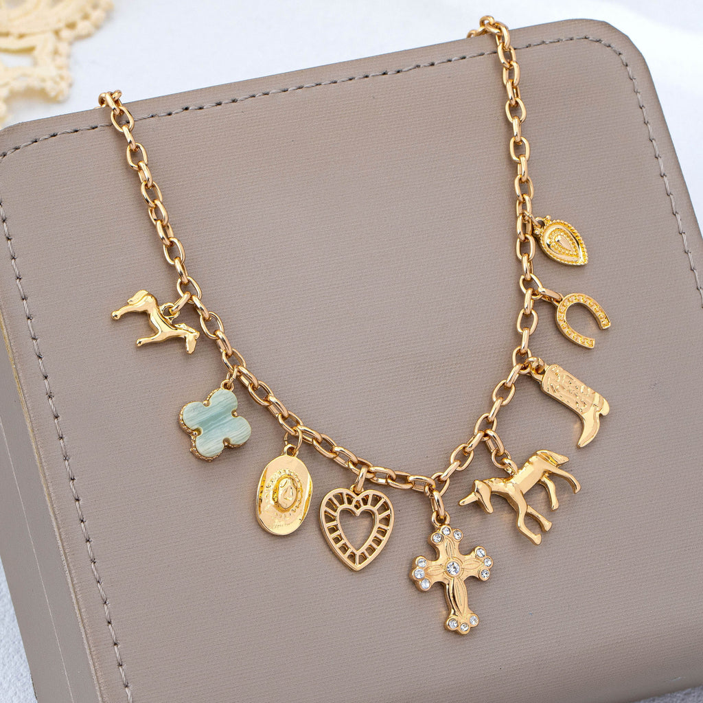 Western Multi-Charm Cross Heart Horse Link Necklace|80N93122