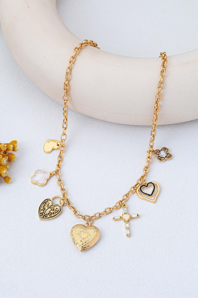 Antique Heart Locket & Cross Multi-Charm Necklace | 80N93116