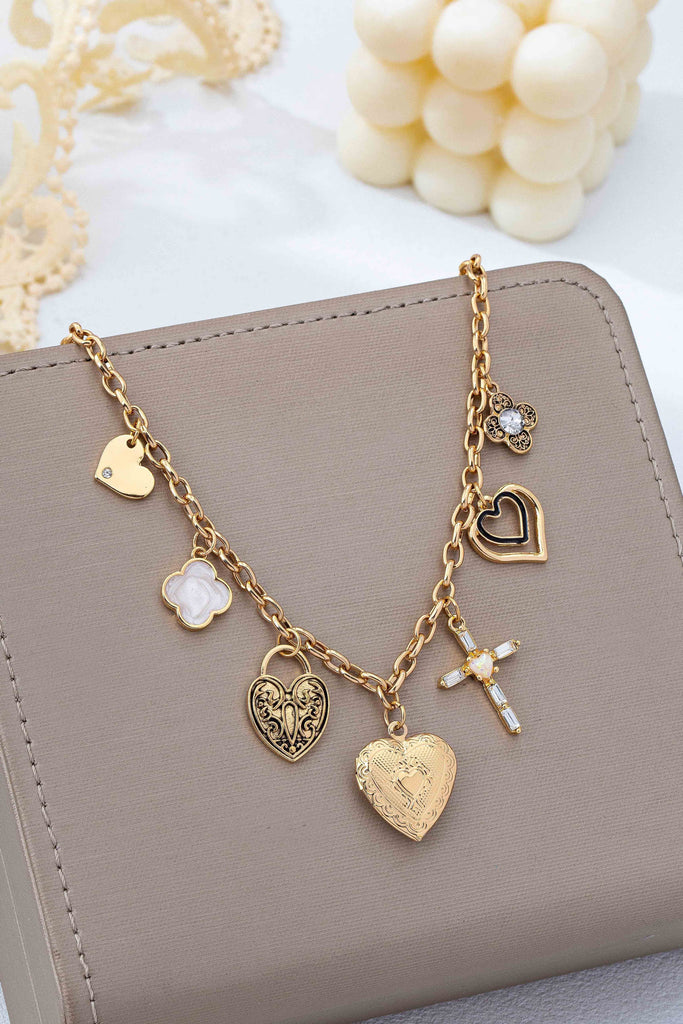 Antique Heart Locket & Cross Multi-Charm Necklace | 80N93116