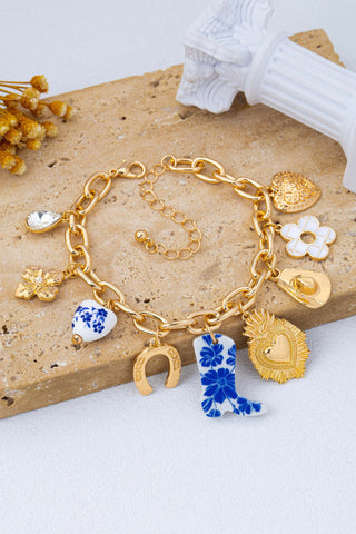 Blue & White Floral Western Charm Link Bracelet | 80B1803