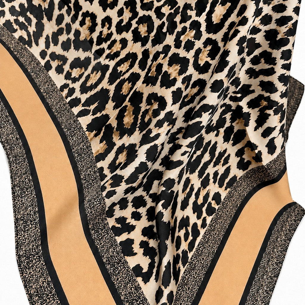 Leopard Print & Geometric Border Silk Neck Scarf | 40SC734
