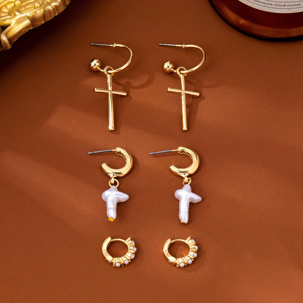 Cross Charm Huggie Hoop Trio Earrings Set | 80E63280