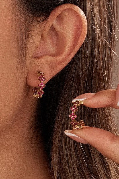 Floral Clover Rhinestone Semi-Hoop Earrings | 40E515