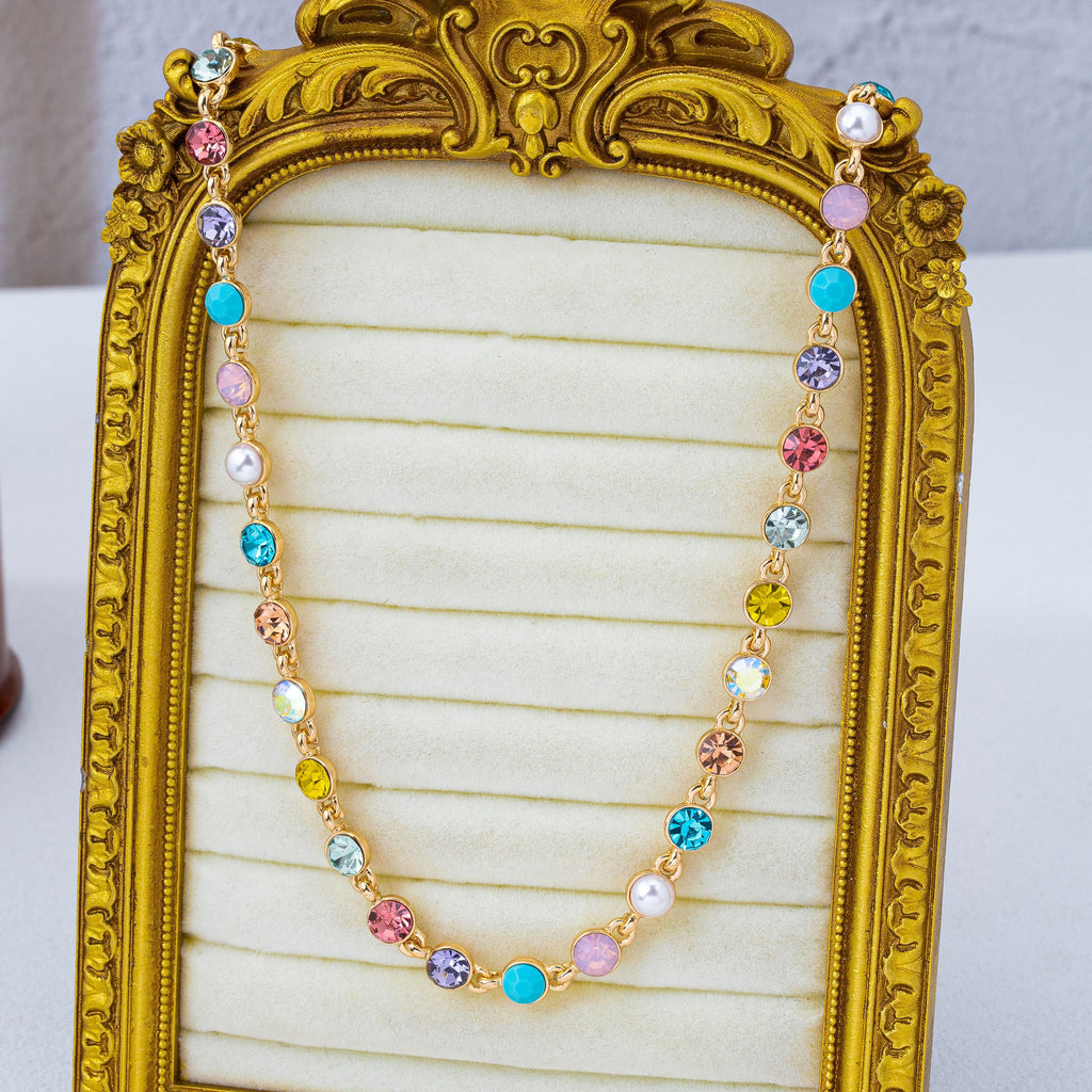 Multi Color Crystal & Pearl Tennis-Style Necklace | 80N93257