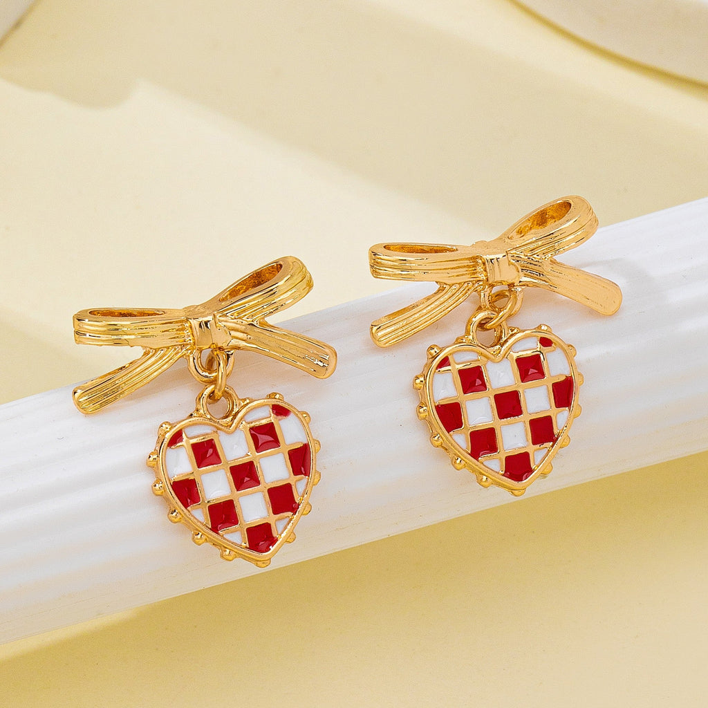 Checkered Heart Bow Drop Earrings | 80E62406