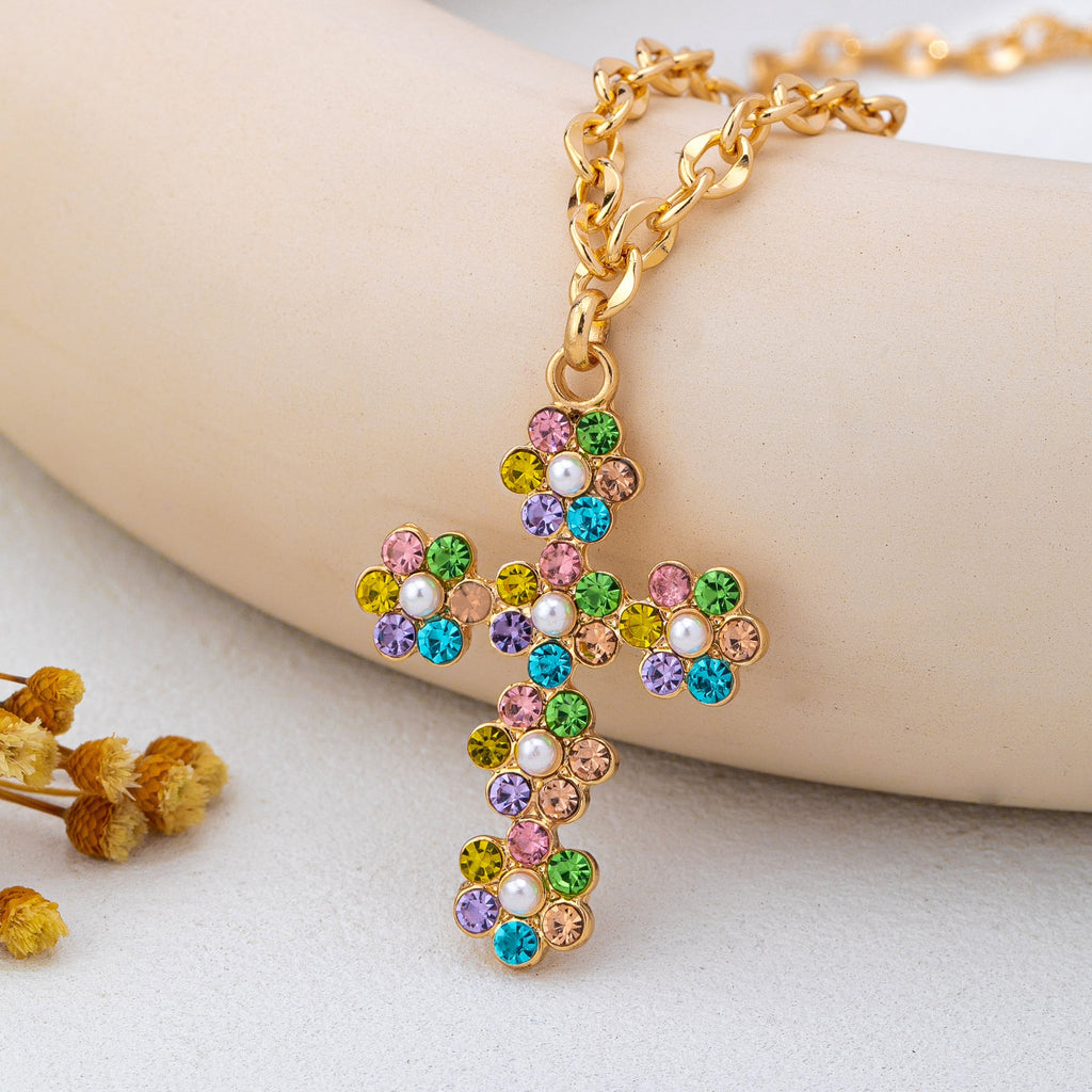 Pearl & Pastel Crystal Cross Pendant Necklace | 80N93280