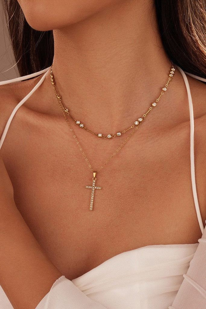 18K STAINLESS STEEL TARNISH FREE CROSS LAYERED NECKLACE | 40NK9726