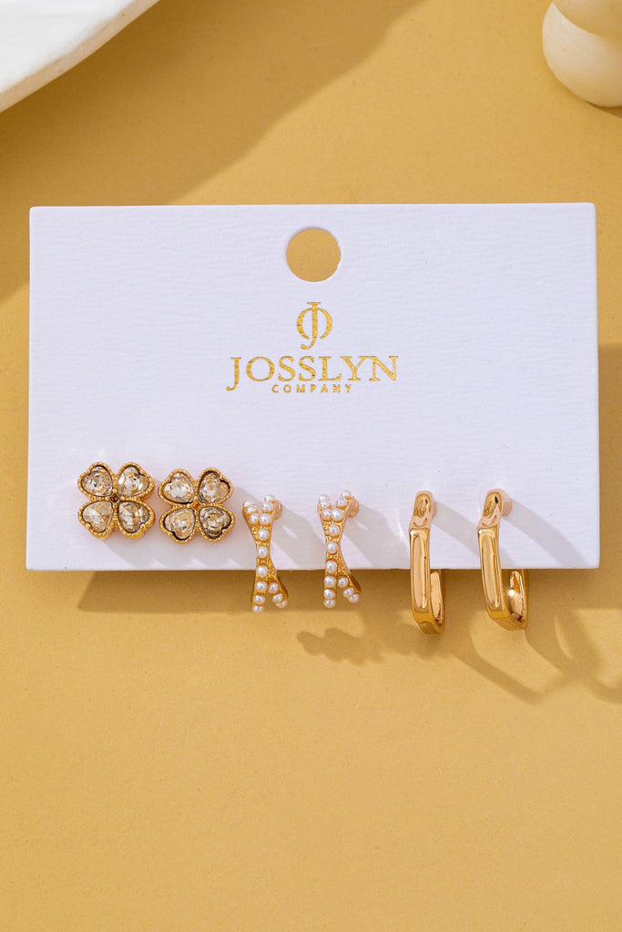 Floral Gem Pearl Hoop Trio Earrings | 80E62420