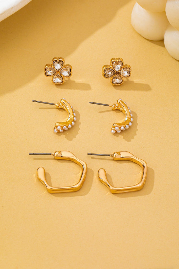 Floral Gem Pearl Hoop Trio Earrings | 80E62420