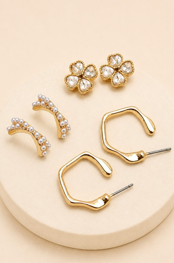 Floral Gem Pearl Hoop Trio Earrings | 80E62420