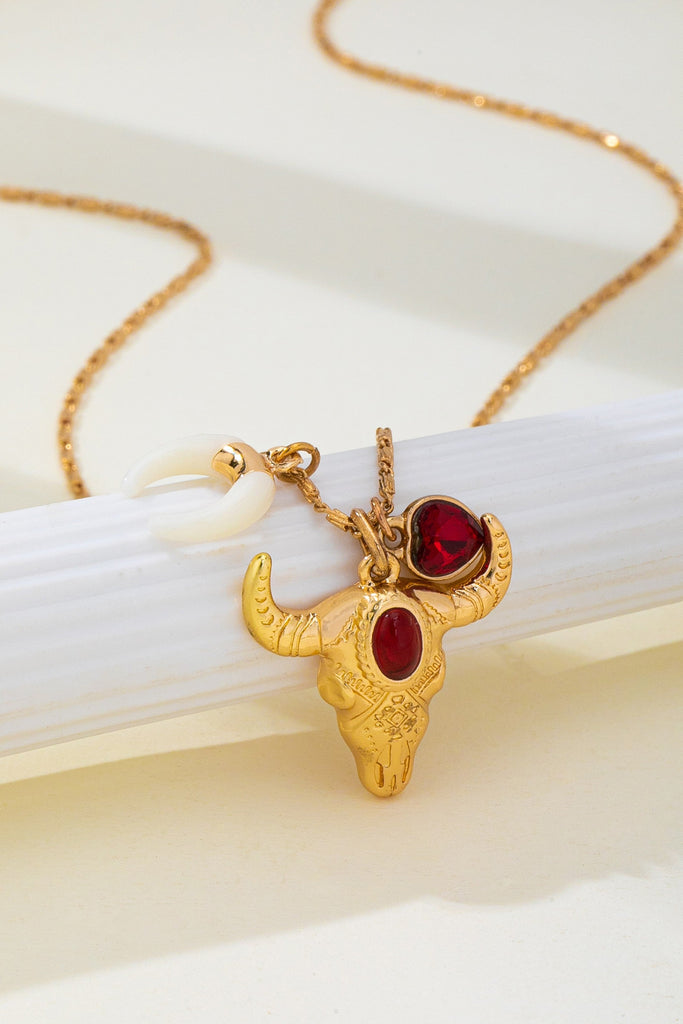 Ruby & Crescent Bull Skull Charm Necklace | 80N93321