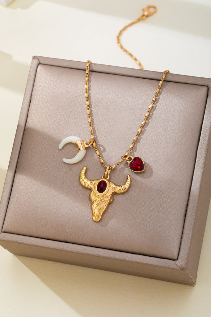 Ruby & Crescent Bull Skull Charm Necklace | 80N93321