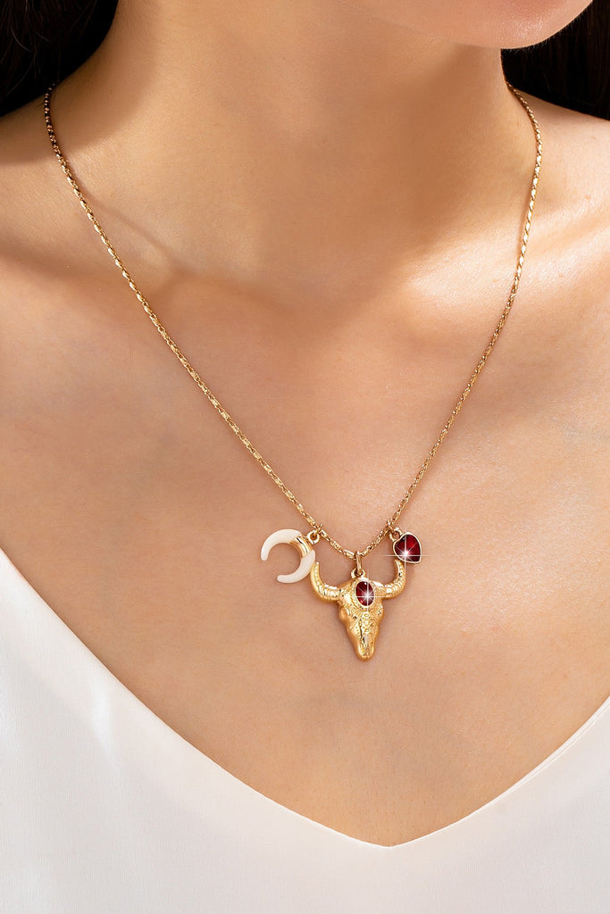 Ruby & Crescent Bull Skull Charm Necklace | 80N93321