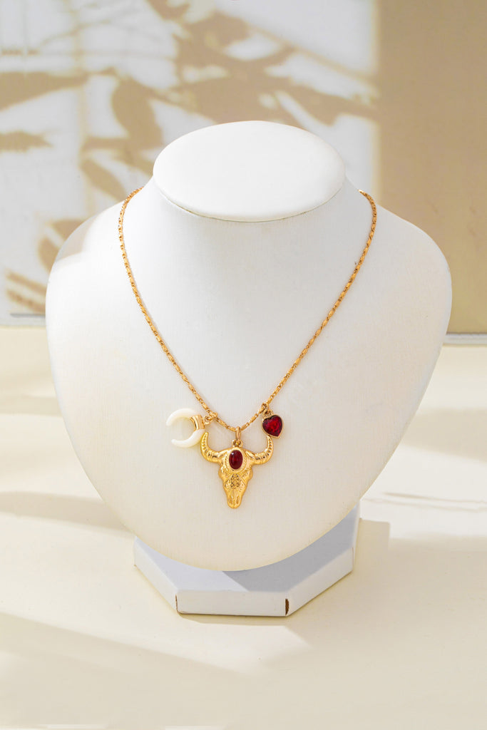 Ruby & Crescent Bull Skull Charm Necklace | 80N93321