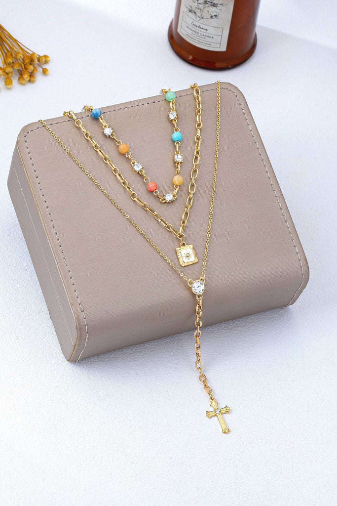 Multi-Strand Color Bead & Cross Lariat Necklace | 80N93303