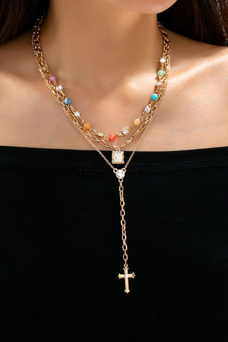 Multi-Strand Color Bead & Cross Lariat Necklace | 80N93303