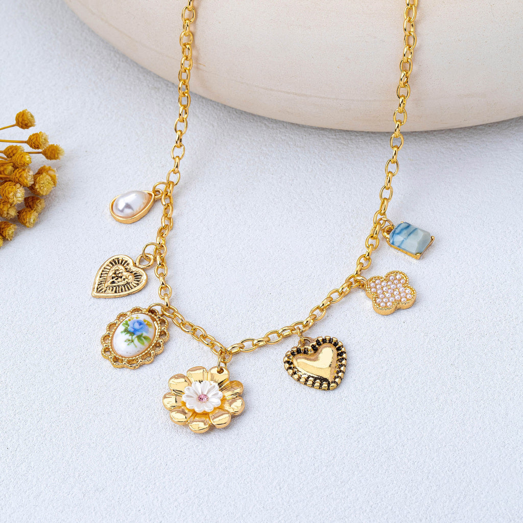 Vintage Heart Porcelain Multi Charm Necklace | 80N93300
