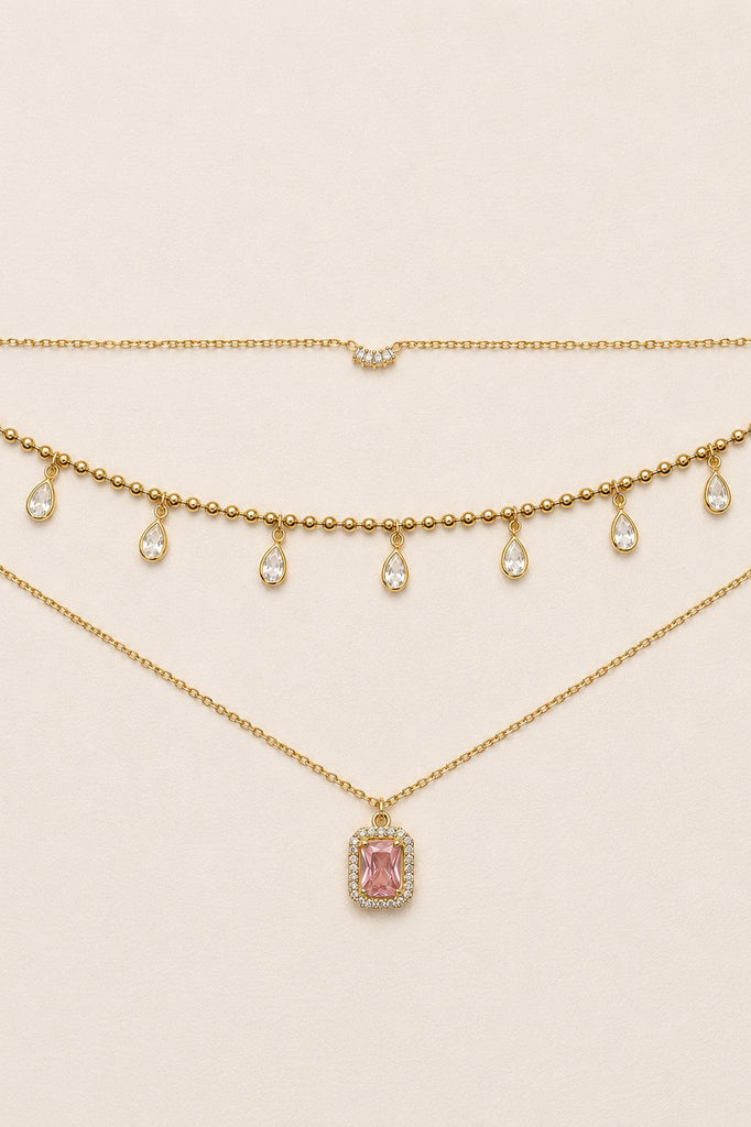 18K STAINLESS STEEL TARNISH FREE CRYSTAL LAYERED NECKLACE | 40NK9735