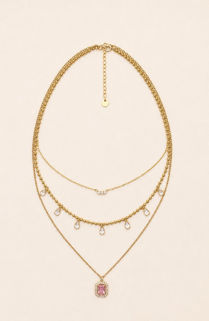 18K STAINLESS STEEL TARNISH FREE CRYSTAL LAYERED NECKLACE | 40NK9735