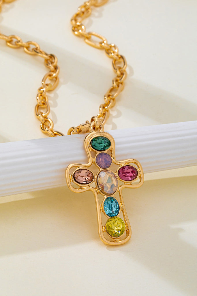 Multi-Colored Crystal Cross Necklace | 80N93265