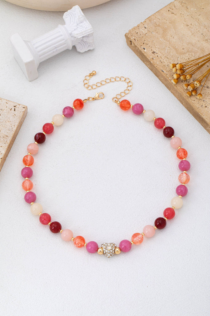 Rose & Berry Tone Beaded  Heart Crystal Ball Necklace | 80N92958