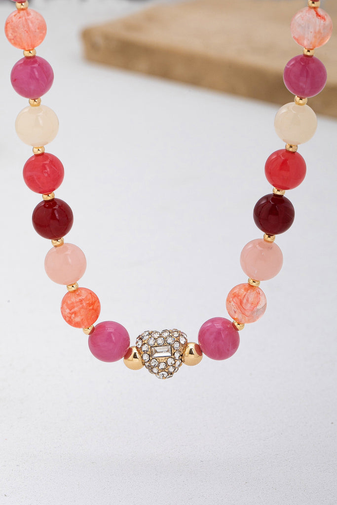 Rose & Berry Tone Beaded  Heart Crystal Ball Necklace | 80N92958