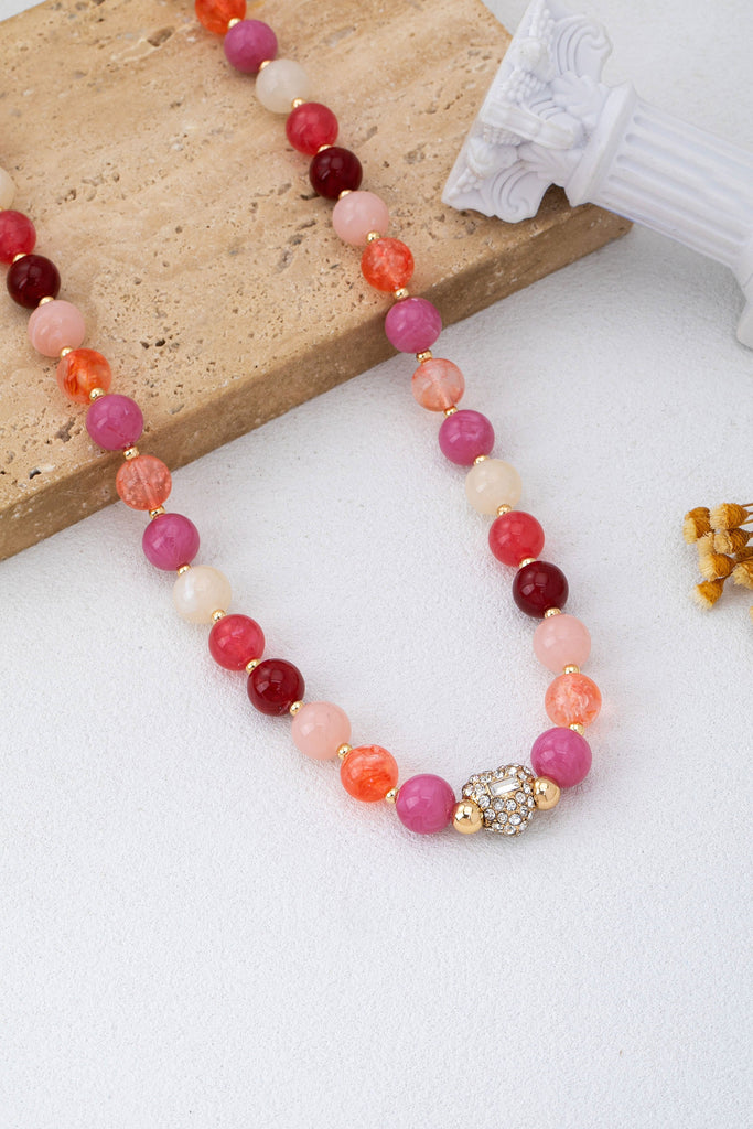 Rose & Berry Tone Beaded  Heart Crystal Ball Necklace | 80N92958