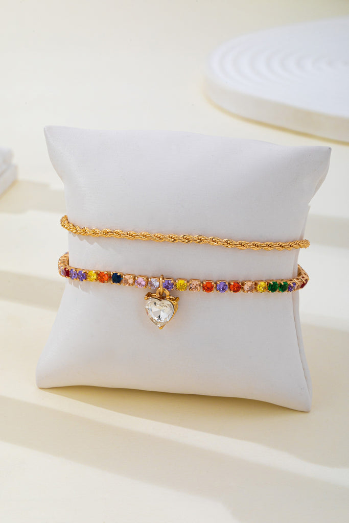 Multi-Color Crystal Heart Charm Tennis Bracelet | 80B1829